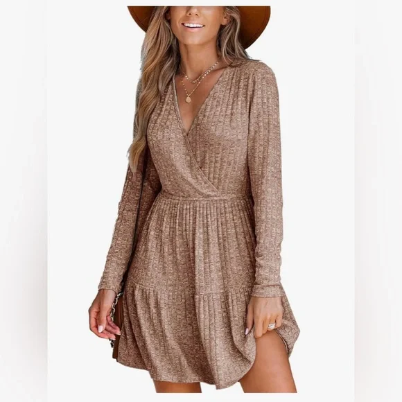 NWT CUPSHE Women's Mini Dress V Neck Knit Ruffled Hem Belted Long Sleeve A Line - Picture 1 of 7